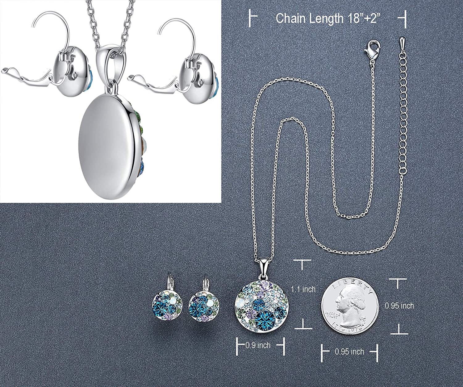 Ocean Bubble Women'S Crystal Jewelry Set Costume Fashion Pendant Necklace Earring Set, Silver Tone or 18K Rose Gold Plated, 18" + 2", Gifts for Women