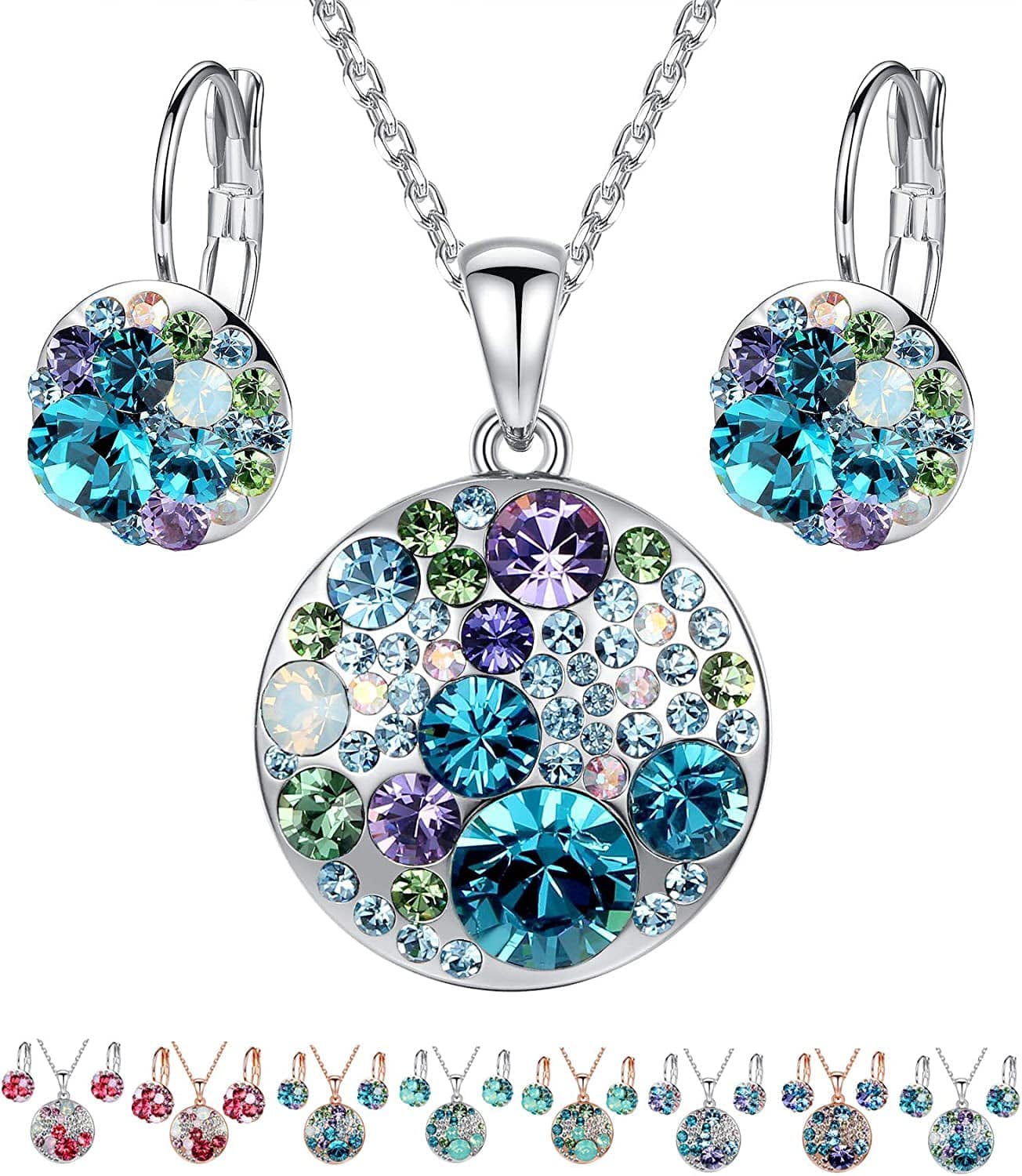 Ocean Bubble Women'S Crystal Jewelry Set Costume Fashion Pendant Necklace Earring Set, Silver Tone or 18K Rose Gold Plated, 18" + 2", Gifts for Women Blue Green Crystals/Silver-tone Chain
