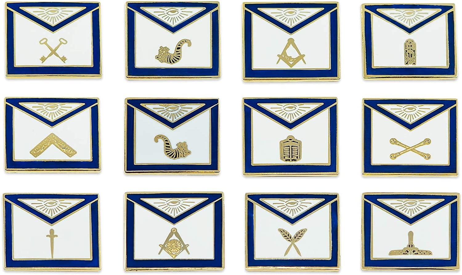 Officer Apron (Set of 12 Pins) Masonic Lapel Pin - [Blue & White][3/4'' Wide]