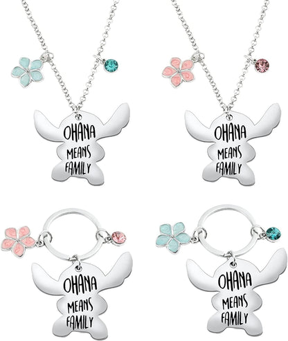 Ohana Means Family Stitch Necklace - Stitch Keychain with Birthstone Stainless Steel Ohana Bracelet Jewelry Set Gift for Women Boys Girls Stitch Lover KeychainA+Necklace