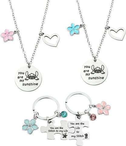 Ohana Means Family Stitch Necklace - Stitch Keychain with Birthstone Stainless Steel Ohana Bracelet Jewelry Set Gift for Women Boys Girls Stitch Lover KeychainB+NecklaceB