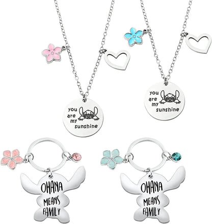 Ohana Means Family Stitch Necklace - Stitch Keychain with Birthstone Stainless Steel Ohana Bracelet Jewelry Set Gift for Women Boys Girls Stitch Lover KeychainA+NecklaceB