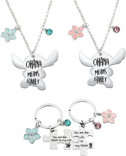 Ohana Means Family Stitch Necklace - Stitch Keychain with Birthstone Stainless Steel Ohana Bracelet Jewelry Set Gift for Women Boys Girls Stitch Lover KeychainB+Necklace