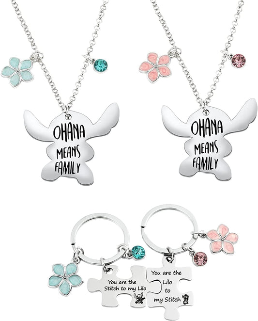 Ohana Means Family Stitch Necklace - Stitch Keychain with Birthstone Stainless Steel Ohana Bracelet Jewelry Set Gift for Women Boys Girls Stitch Lover KeychainB+Necklace