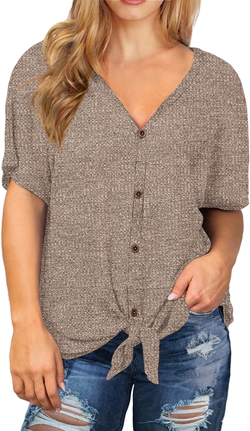 OLRIK Womens plus Size Tops Long/Short Sleeve V Neck Waffle Knit Tunic Blouse Tie Front Button up T Shirts A13-short Sleeve-vg Khaki / 2X