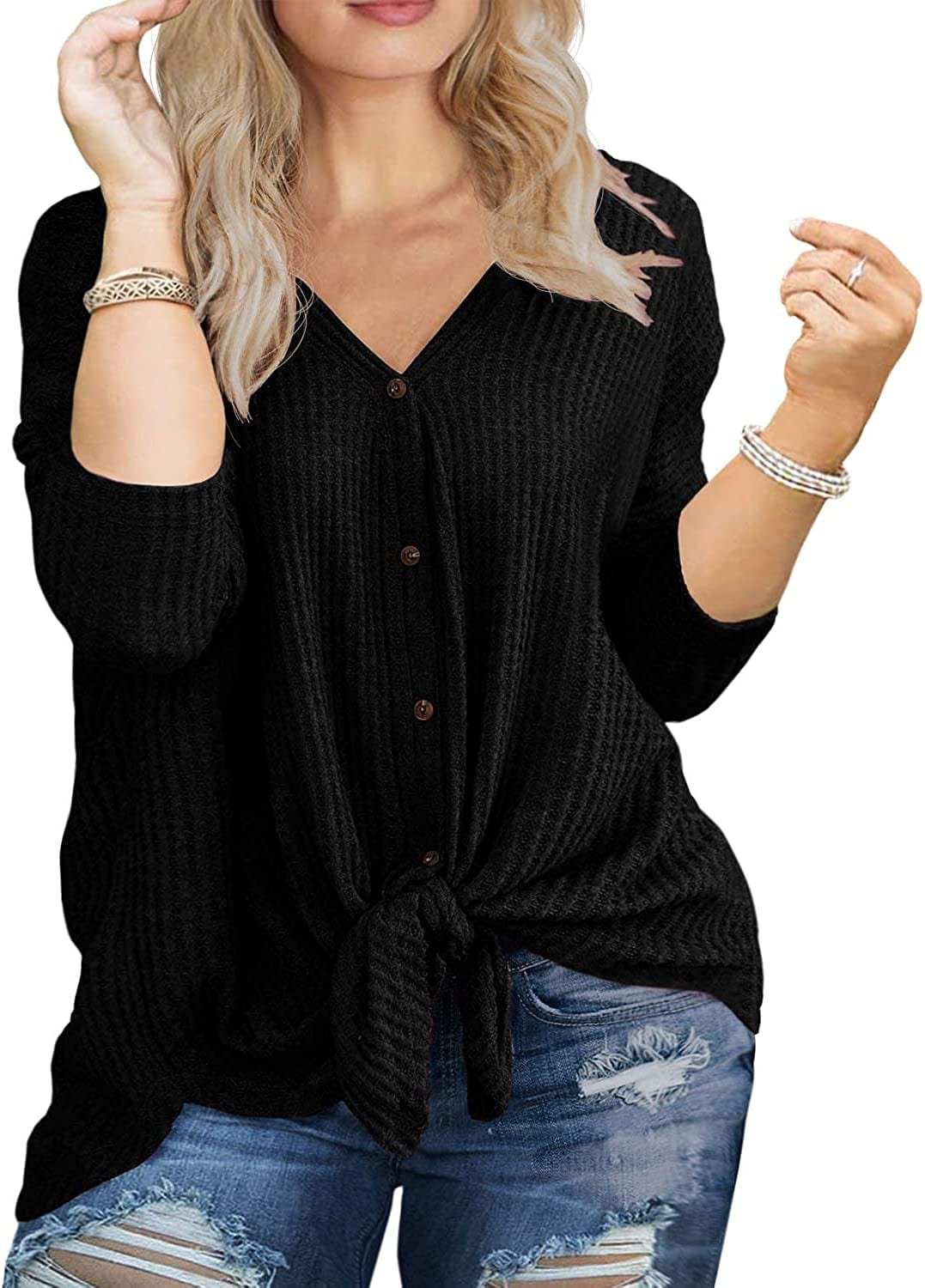 OLRIK Womens plus Size Tops Long/Short Sleeve V Neck Waffle Knit Tunic Blouse Tie Front Button up T Shirts C03-black / 1X