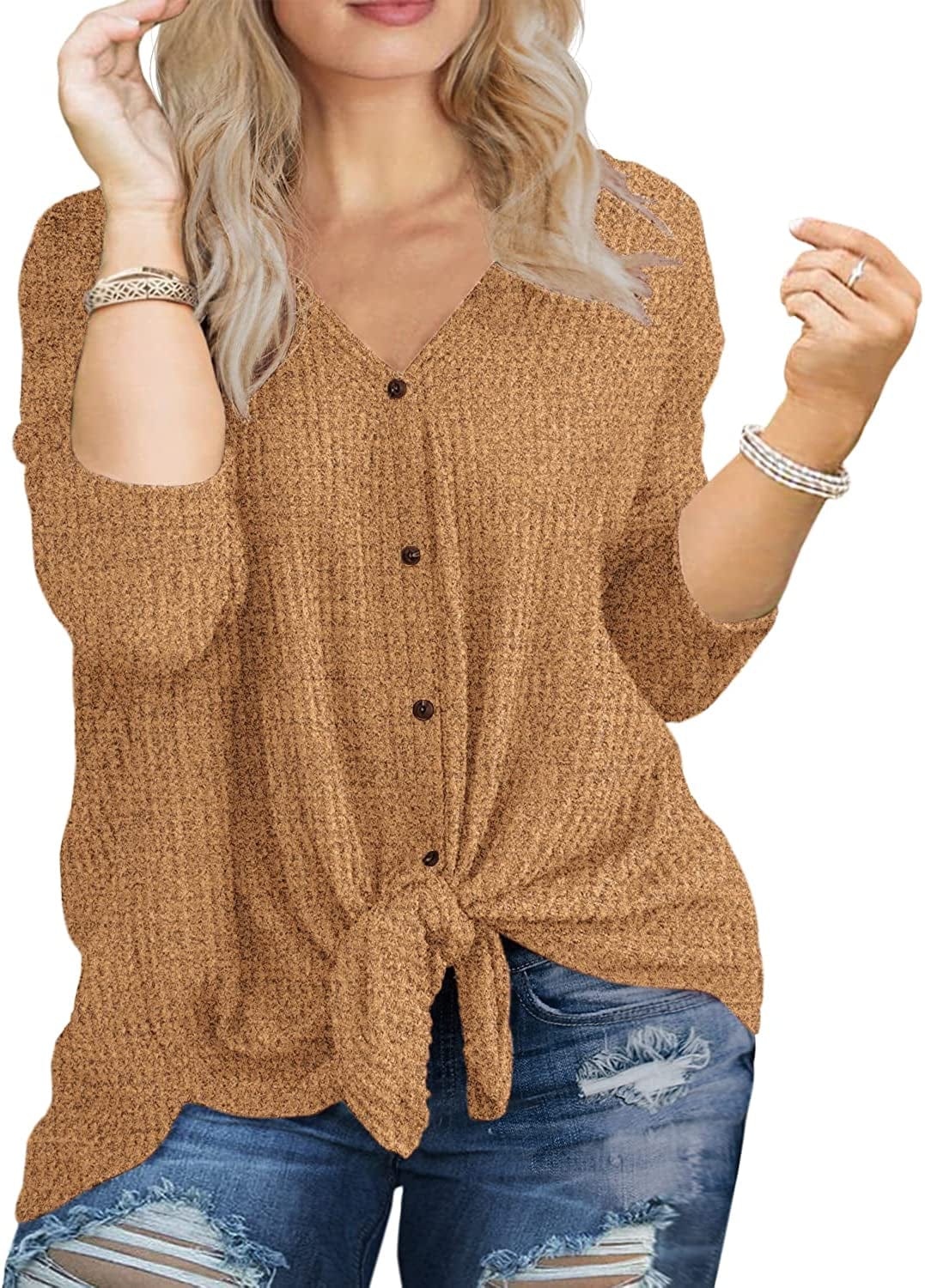 OLRIK Womens plus Size Tops Long/Short Sleeve V Neck Waffle Knit Tunic Blouse Tie Front Button up T Shirts C16-vg Yellow / 1X