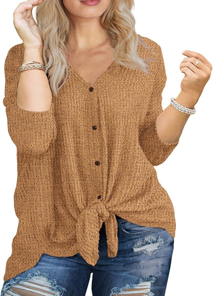 OLRIK Womens plus Size Tops Long/Short Sleeve V Neck Waffle Knit Tunic Blouse Tie Front Button up T Shirts C16-vg Yellow / 1X