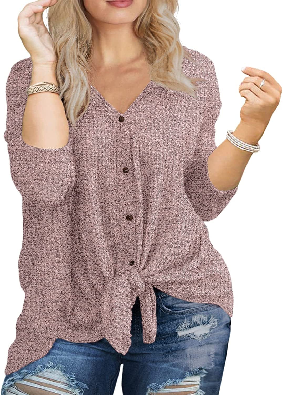 OLRIK Womens plus Size Tops Long/Short Sleeve V Neck Waffle Knit Tunic Blouse Tie Front Button up T Shirts C15-vg Pink / 1X