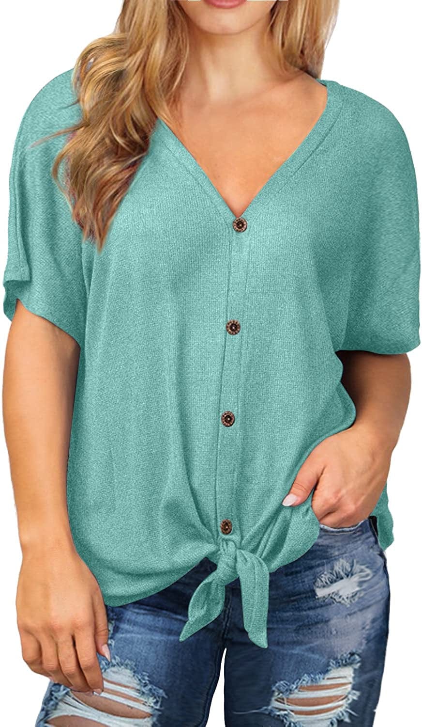 OLRIK Womens plus Size Tops Long/Short Sleeve V Neck Waffle Knit Tunic Blouse Tie Front Button up T Shirts A02-short Sleeve-blue Green / 1X
