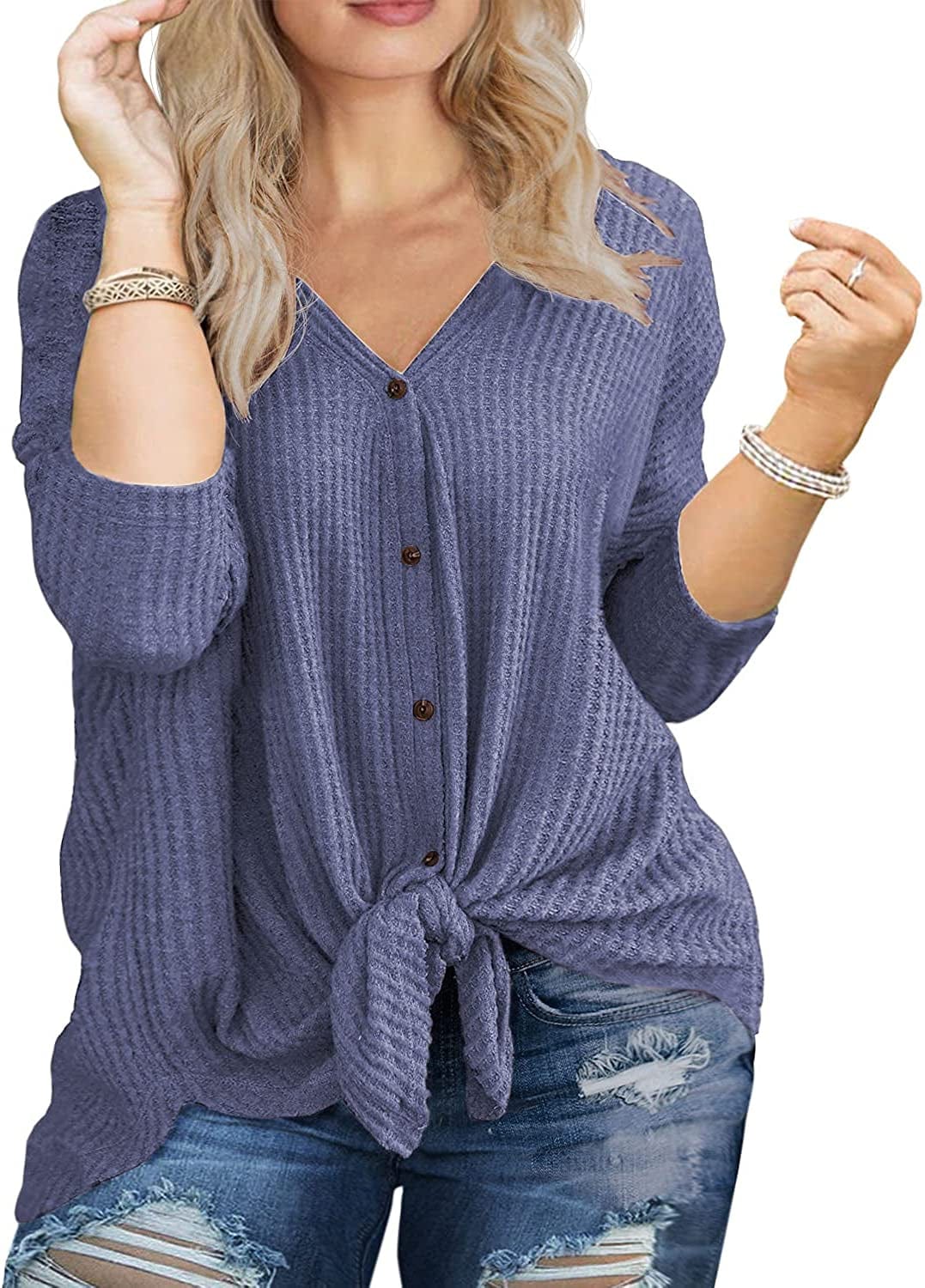 OLRIK Womens plus Size Tops Long/Short Sleeve V Neck Waffle Knit Tunic Blouse Tie Front Button up T Shirts C10-purple Gray / 1X