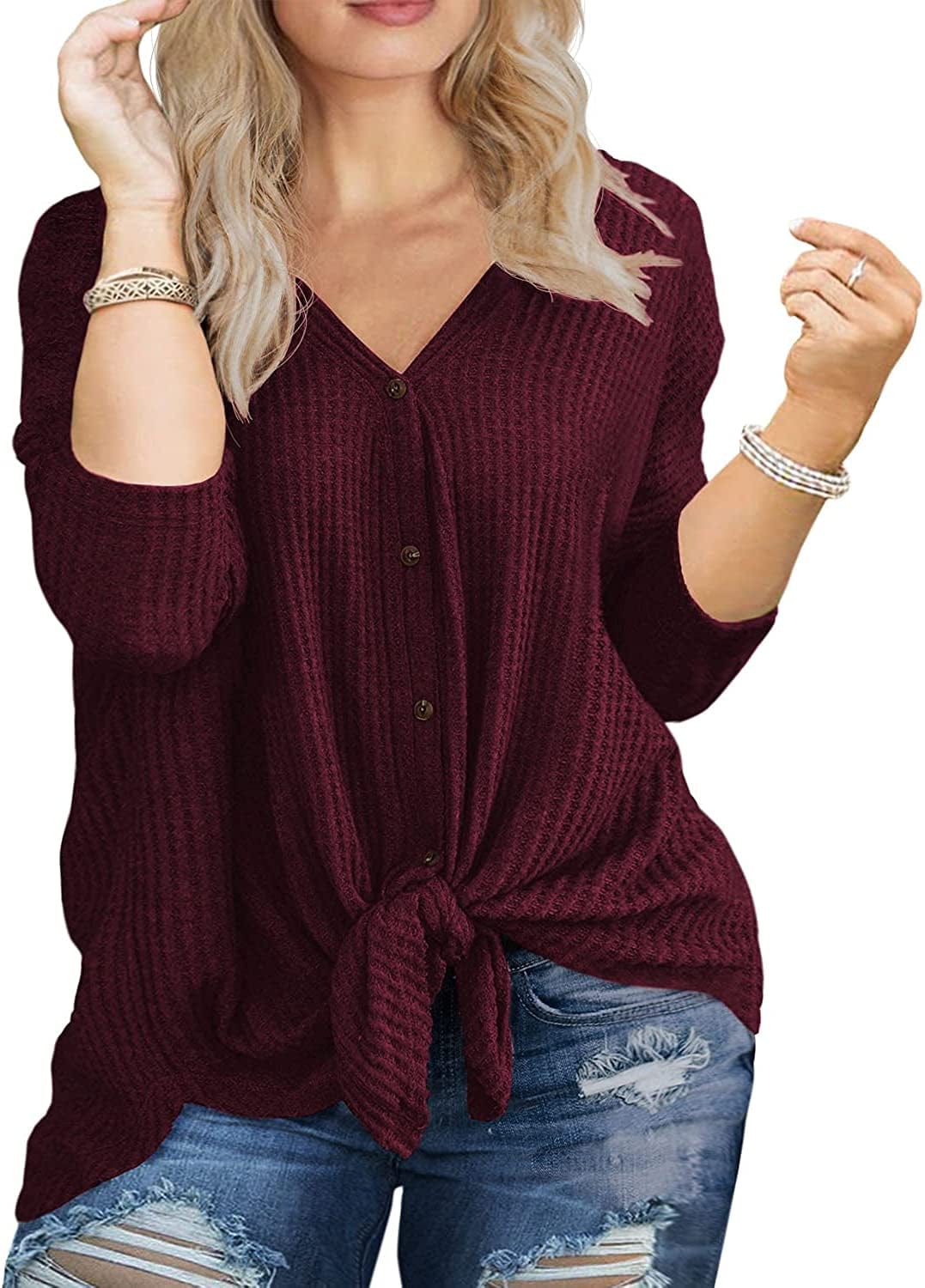 OLRIK Womens plus Size Tops Long/Short Sleeve V Neck Waffle Knit Tunic Blouse Tie Front Button up T Shirts C01-wine Red / 1X
