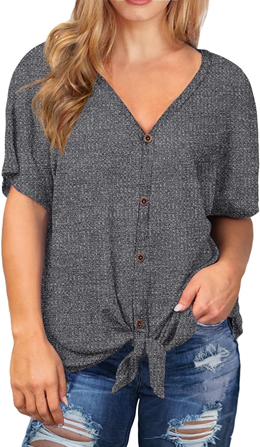 OLRIK Womens plus Size Tops Long/Short Sleeve V Neck Waffle Knit Tunic Blouse Tie Front Button up T Shirts A16-short Sleeve-vg Dark Grey / 2X