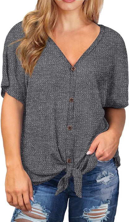 OLRIK Womens plus Size Tops Long/Short Sleeve V Neck Waffle Knit Tunic Blouse Tie Front Button up T Shirts A16-short Sleeve-vg Dark Grey / 2X