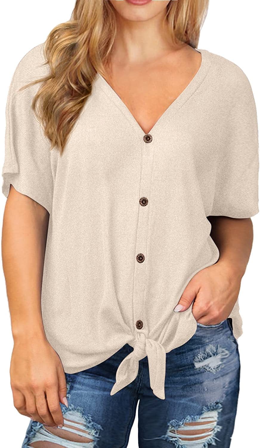 OLRIK Womens plus Size Tops Long/Short Sleeve V Neck Waffle Knit Tunic Blouse Tie Front Button up T Shirts A09-short Sleeve-oatmeal / 2X