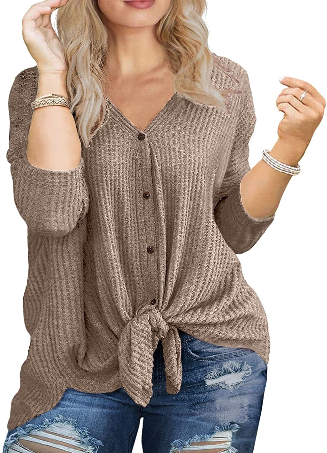 OLRIK Womens plus Size Tops Long/Short Sleeve V Neck Waffle Knit Tunic Blouse Tie Front Button up T Shirts C07-khaki / 1X