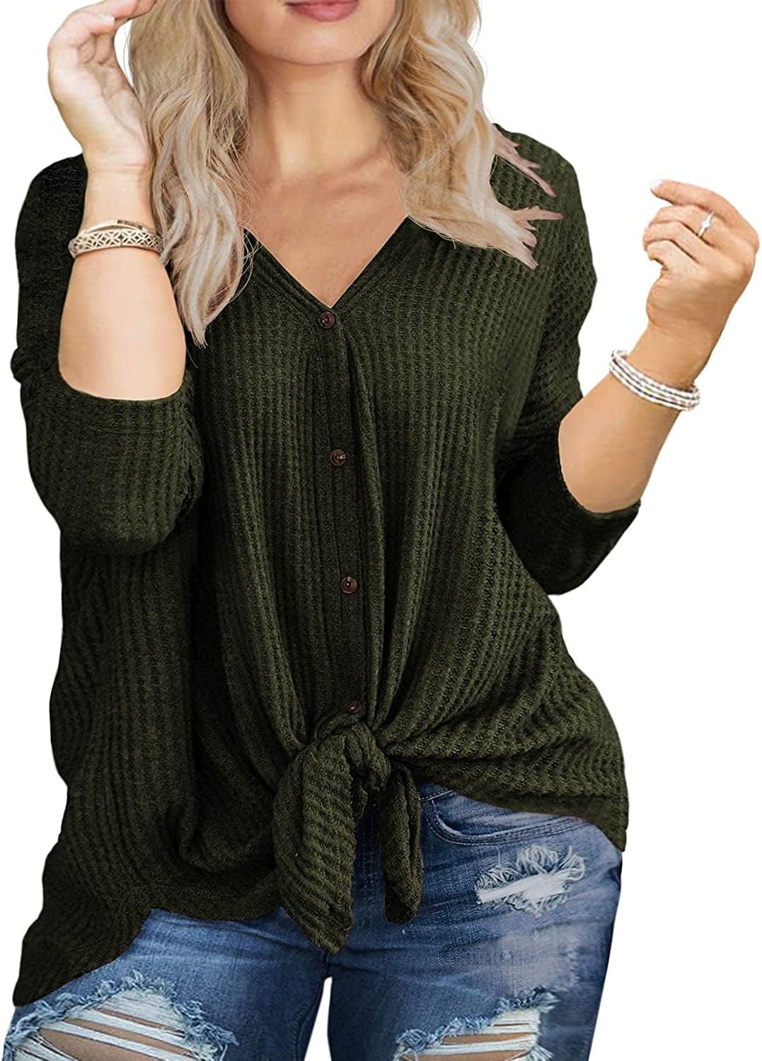 OLRIK Womens plus Size Tops Long/Short Sleeve V Neck Waffle Knit Tunic Blouse Tie Front Button up T Shirts C08-arm Green / Large Plus