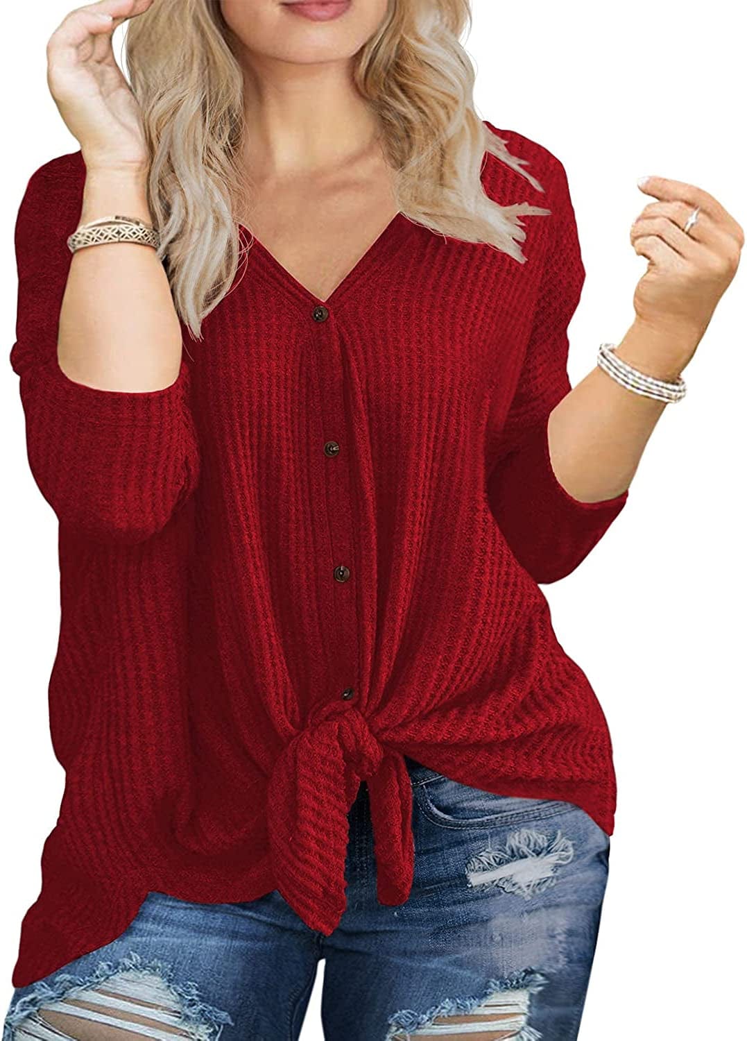 OLRIK Womens plus Size Tops Long/Short Sleeve V Neck Waffle Knit Tunic Blouse Tie Front Button up T Shirts C12-red / 1X