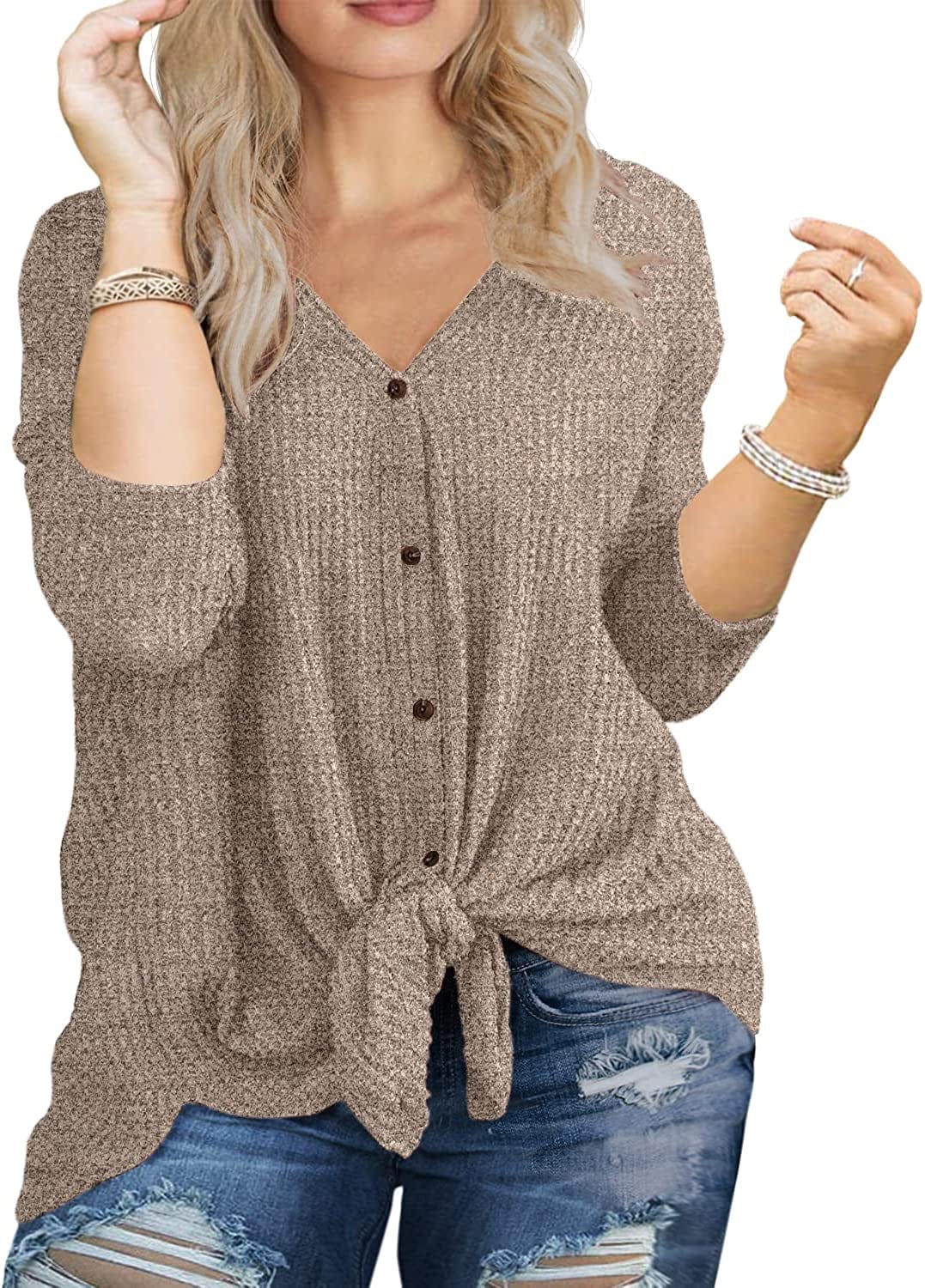 OLRIK Womens plus Size Tops Long/Short Sleeve V Neck Waffle Knit Tunic Blouse Tie Front Button up T Shirts C14-vg Khaki / 2X