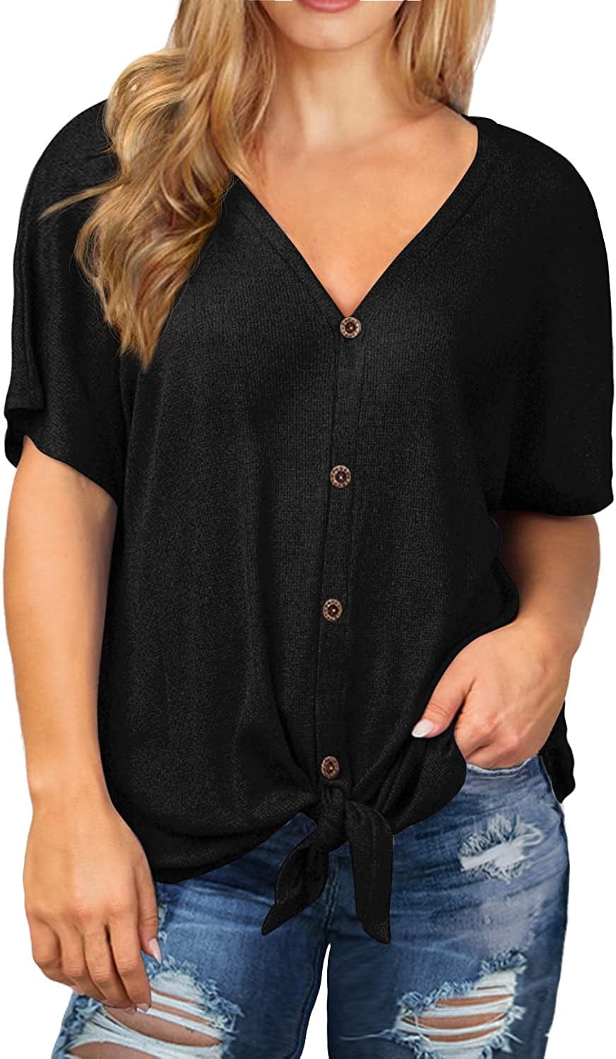 OLRIK Womens plus Size Tops Long/Short Sleeve V Neck Waffle Knit Tunic Blouse Tie Front Button up T Shirts A01-short Sleeve-black / 2X