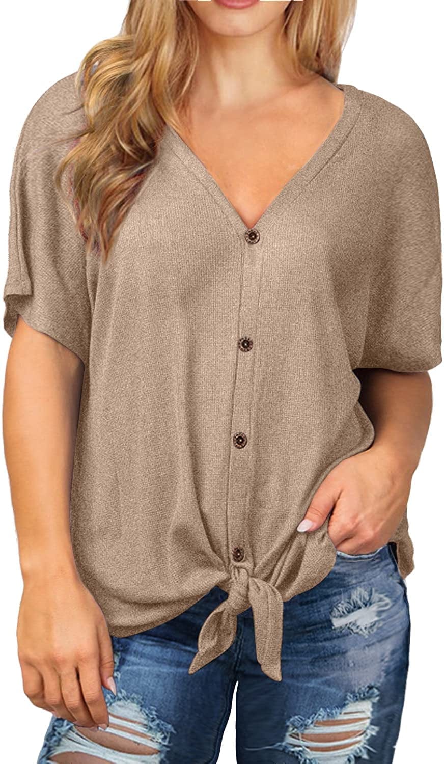 OLRIK Womens plus Size Tops Long/Short Sleeve V Neck Waffle Knit Tunic Blouse Tie Front Button up T Shirts A07-short Sleeve-khaki / 1X