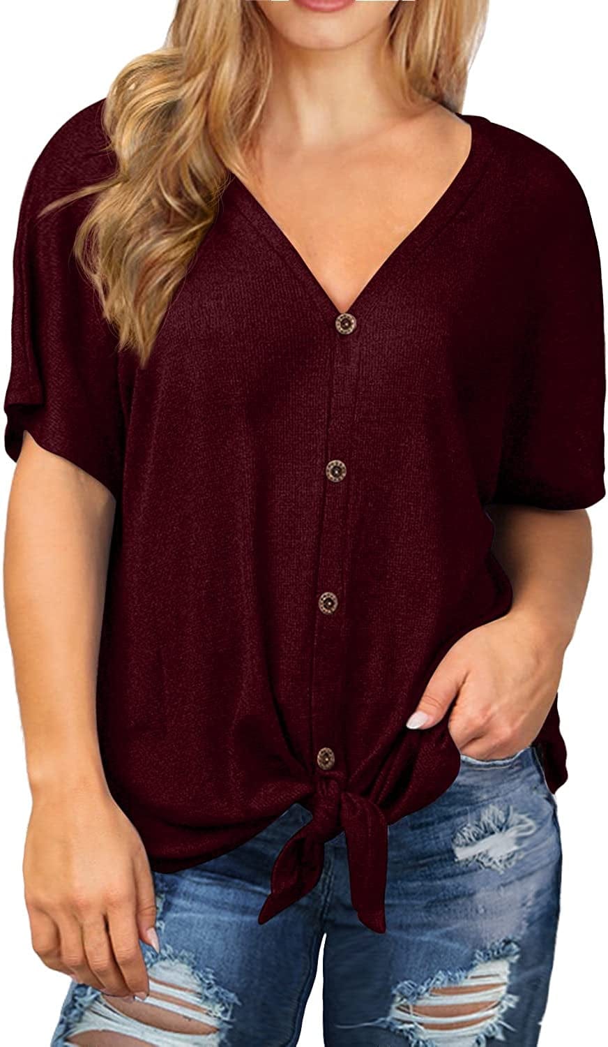 OLRIK Womens plus Size Tops Long/Short Sleeve V Neck Waffle Knit Tunic Blouse Tie Front Button up T Shirts A08-short Sleeve-wine Red / 1X