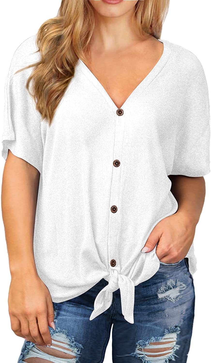 OLRIK Womens plus Size Tops Long/Short Sleeve V Neck Waffle Knit Tunic Blouse Tie Front Button up T Shirts A03-short Sleeve-white / 2X