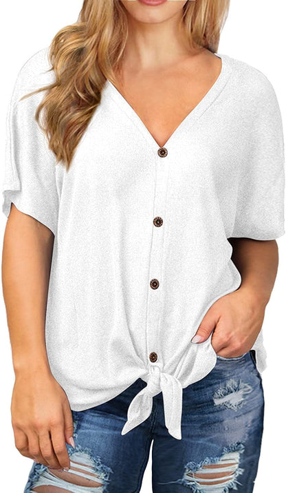 OLRIK Womens plus Size Tops Long/Short Sleeve V Neck Waffle Knit Tunic Blouse Tie Front Button up T Shirts A03-short Sleeve-white / 2X