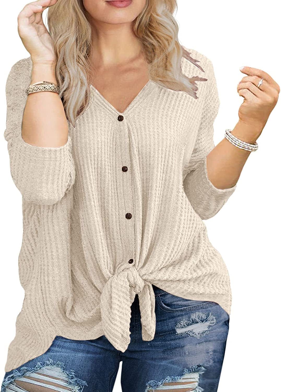 OLRIK Womens plus Size Tops Long/Short Sleeve V Neck Waffle Knit Tunic Blouse Tie Front Button up T Shirts C06-oatmeal / 1X