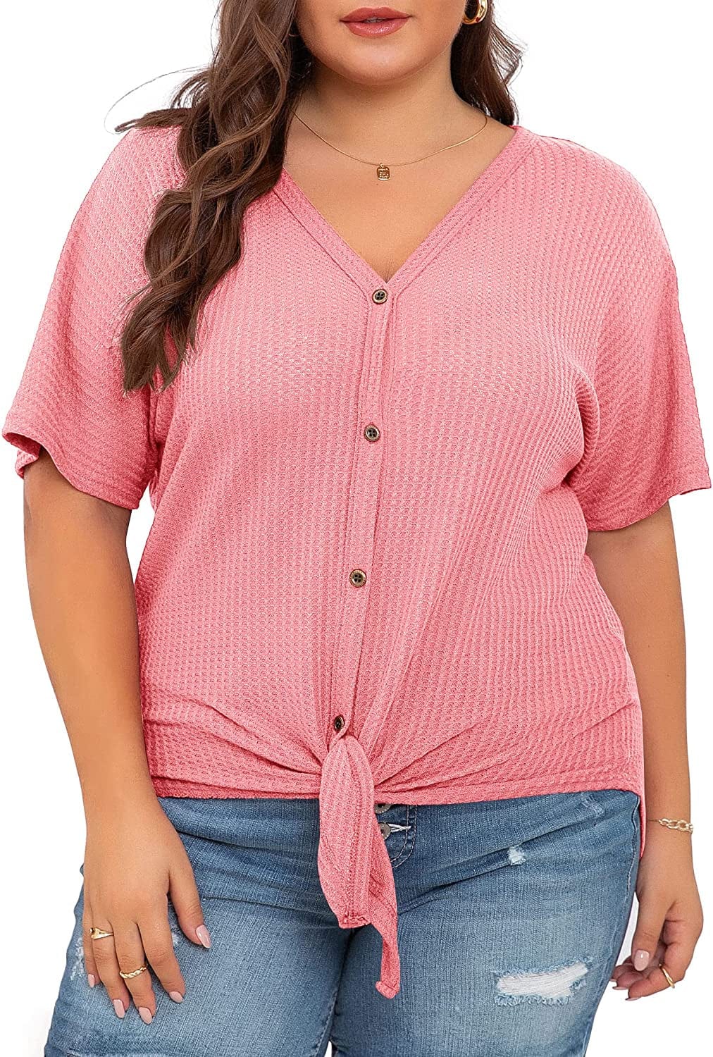OLRIK Womens plus Size Tops Long/Short Sleeve V Neck Waffle Knit Tunic Blouse Tie Front Button up T Shirts