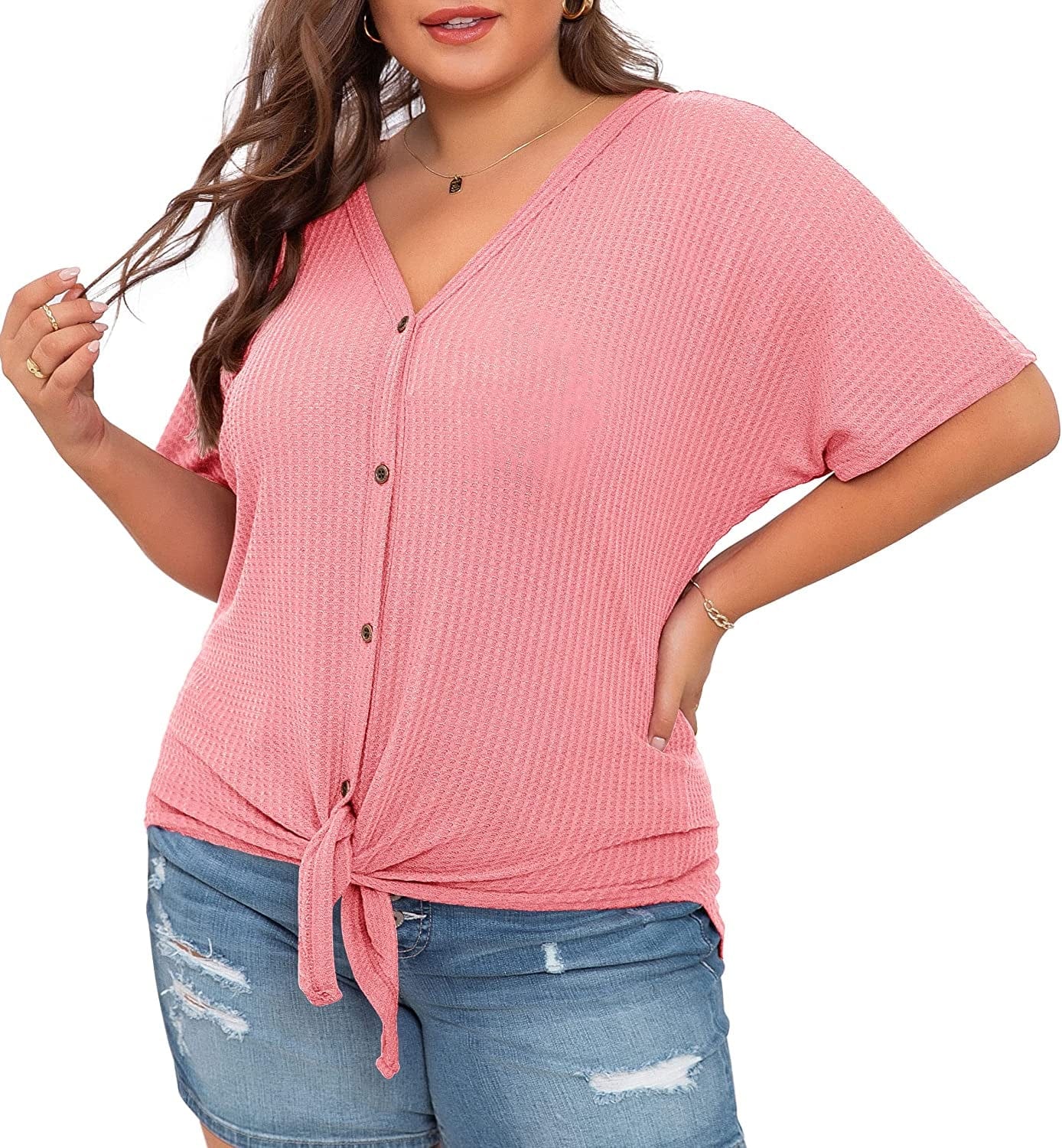 OLRIK Womens plus Size Tops Long/Short Sleeve V Neck Waffle Knit Tunic Blouse Tie Front Button up T Shirts