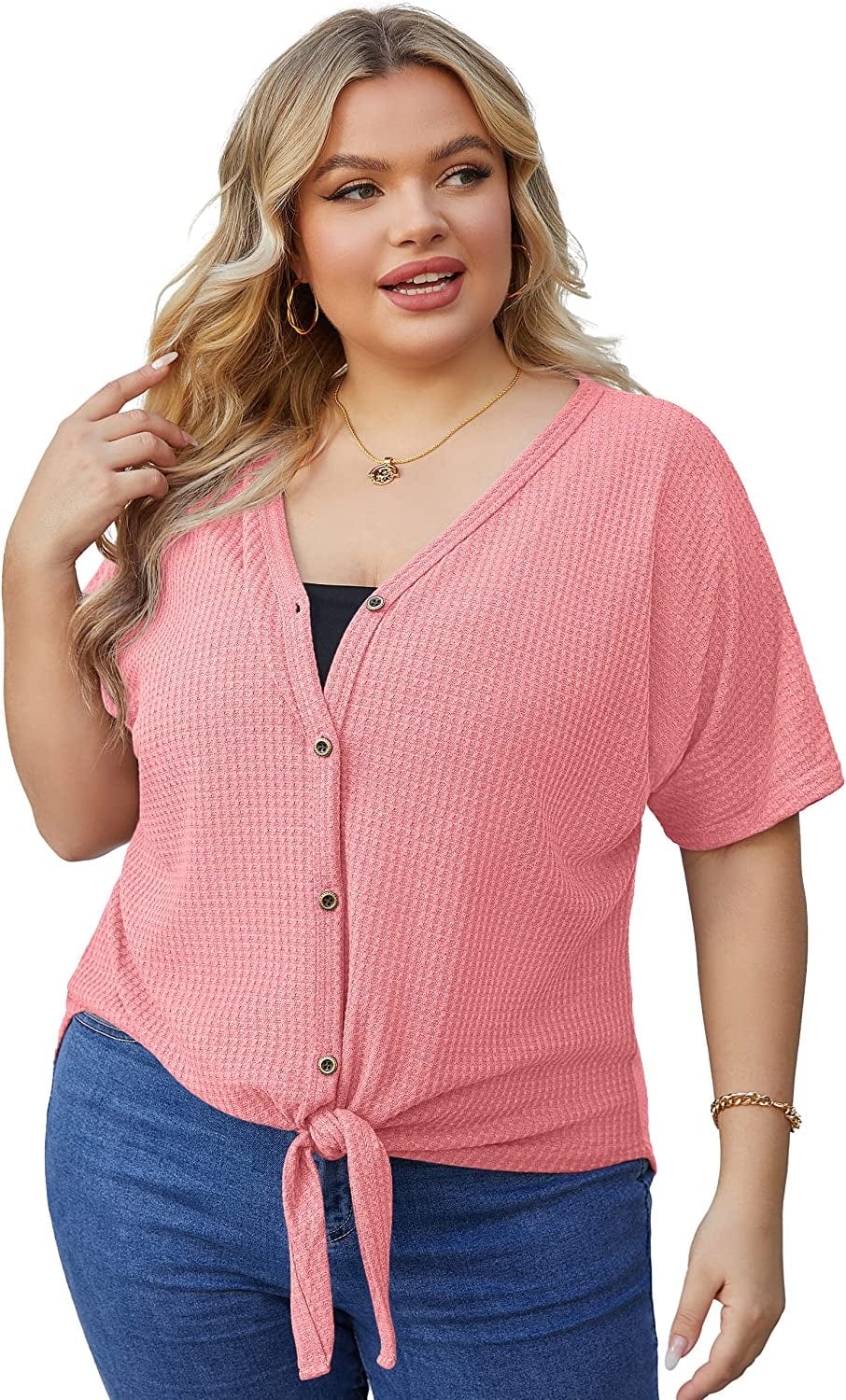 OLRIK Womens plus Size Tops Long/Short Sleeve V Neck Waffle Knit Tunic Blouse Tie Front Button up T Shirts