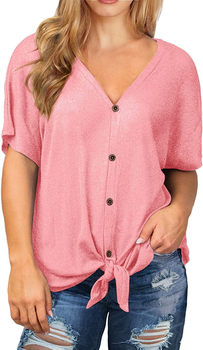 OLRIK Womens plus Size Tops Long/Short Sleeve V Neck Waffle Knit Tunic Blouse Tie Front Button up T Shirts A05-short Sleeve-pink / 1X
