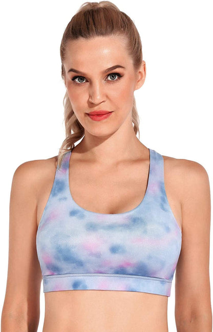 OMANTIC Women'S Sports Bra Criss-Cross Back Wirefree Padded Strappy Medium Support Bras for Athletic Workout Yoga Running Racerback-blue Purple Tie Dye / X-Large