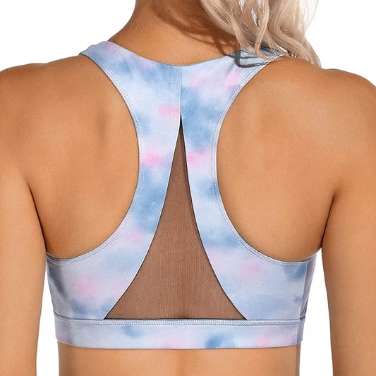 OMANTIC Women'S Sports Bra Criss-Cross Back Wirefree Padded Strappy Medium Support Bras for Athletic Workout Yoga Running Racerback-blue Purple Tie Dye / X-Large