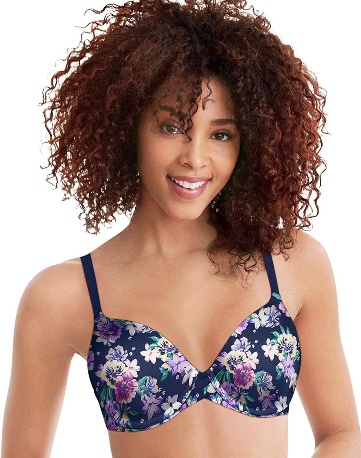 One Fab Fit Underwire Bra, Push-Up T-Shirt Bra, Modern Demi Bra, Lightly Padded Bra with Convertible Straps Dahlia Floral Print - Navy / 34B