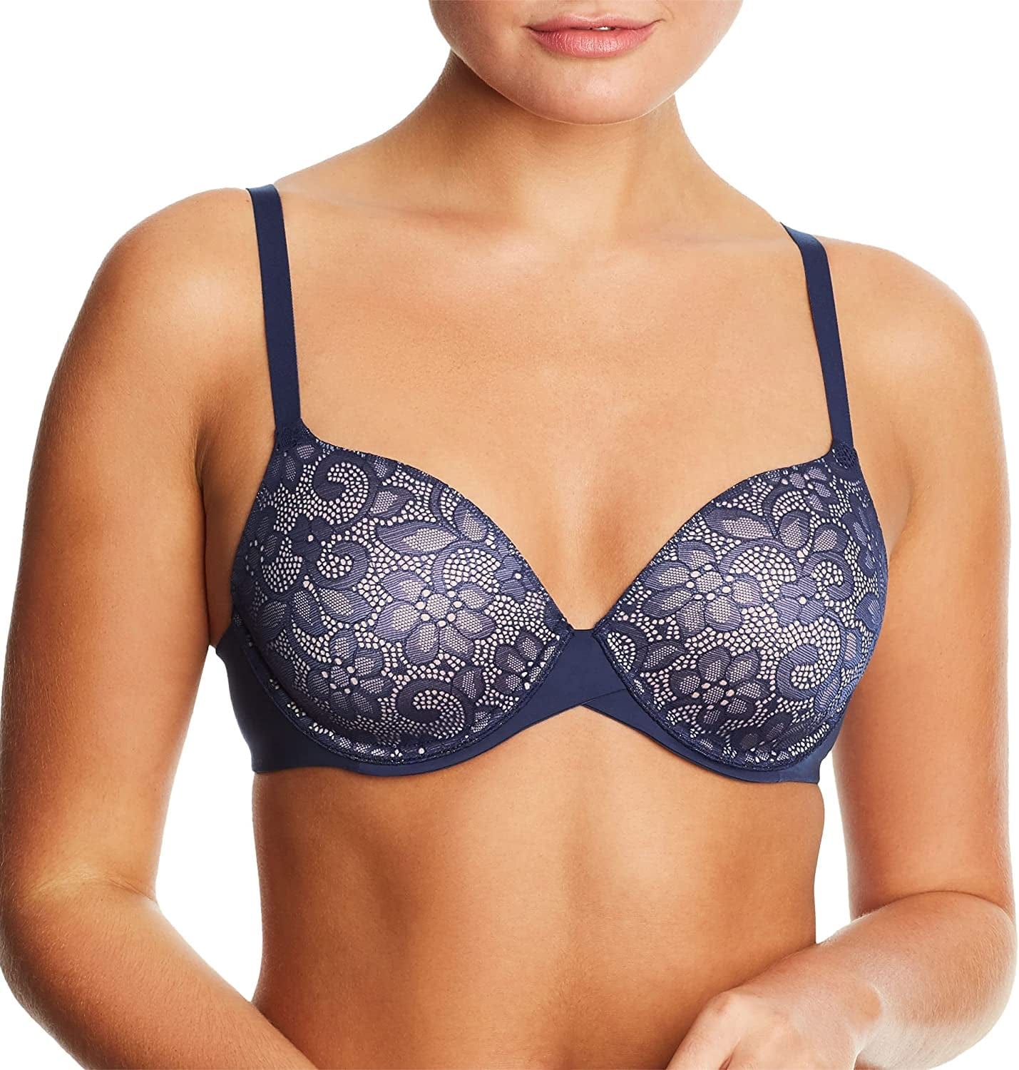 One Fab Fit Underwire Bra, Push-Up T-Shirt Bra, Modern Demi Bra, Lightly Padded Bra with Convertible Straps Navy Eclipse W/ Gloss / 34A