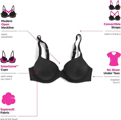 One Fab Fit Underwire Bra, Push-Up T-Shirt Bra, Modern Demi Bra, Lightly Padded Bra with Convertible Straps