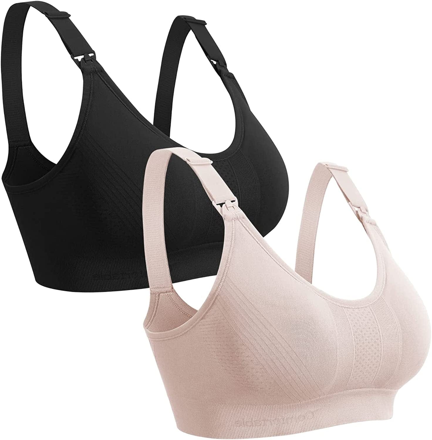 One-Piece Seamless Nursing Bra, 3D Stereo Massage Promotes Breastmilk Production, with Extension Clasp and Laundry Bag Black & Beige / Small