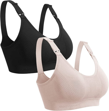One-Piece Seamless Nursing Bra, 3D Stereo Massage Promotes Breastmilk Production, with Extension Clasp and Laundry Bag Black & Beige / Small