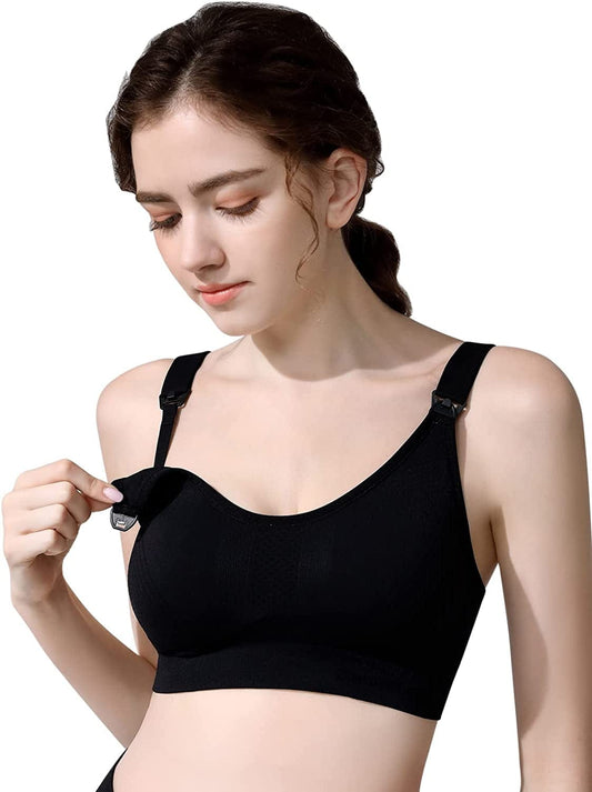 One-Piece Seamless Nursing Bra, 3D Stereo Massage Promotes Breastmilk Production, with Extension Clasp and Laundry Bag Black / Medium