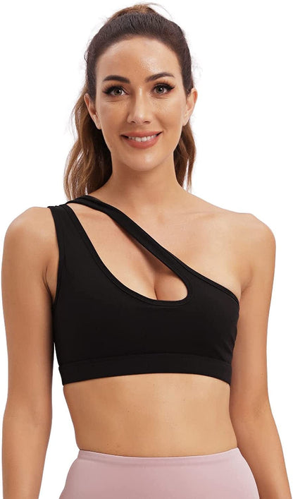 One Shoulder Sports Bra for Women Sexy Cute Workout Yoga Bra Medium Support Black-02 / Large