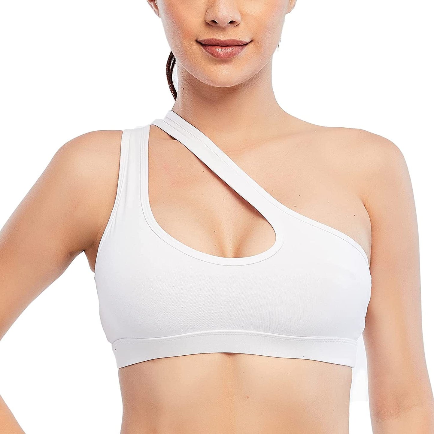 One Shoulder Sports Bra for Women Sexy Cute Workout Yoga Bra Medium Support White-02 / X-Large