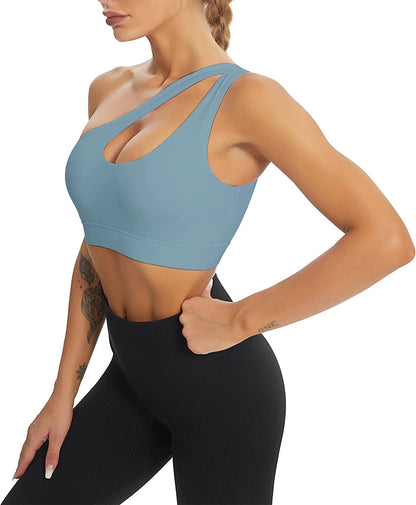 One Shoulder Sports Bra for Women Sexy Cute Workout Yoga Bra Medium Support Blue / Large