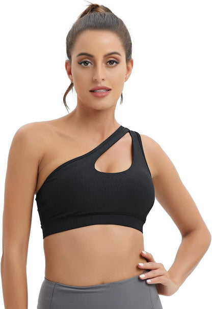 One Shoulder Sports Bra for Women Sexy Cute Workout Yoga Bra Medium Support Black-03 / X-Large