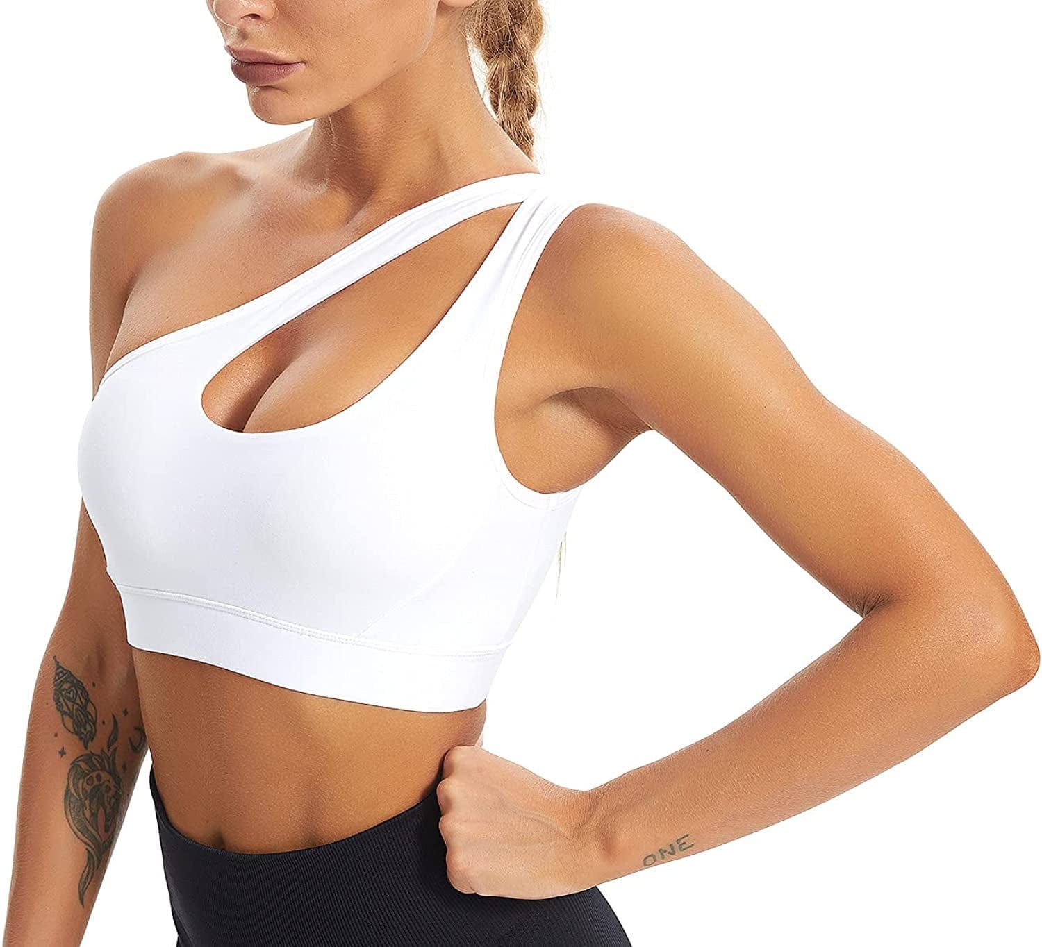 One Shoulder Sports Bra for Women Sexy Cute Workout Yoga Bra Medium Support A-white / Medium