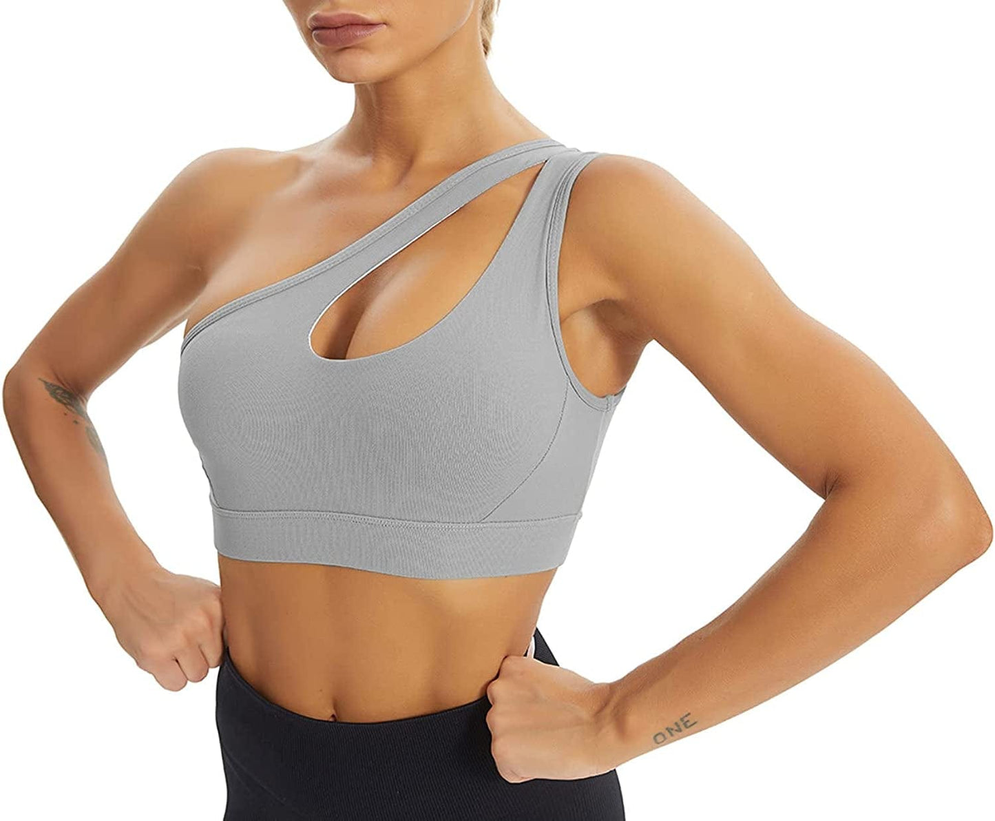 One Shoulder Sports Bra for Women Sexy Cute Workout Yoga Bra Medium Support Grey / Medium