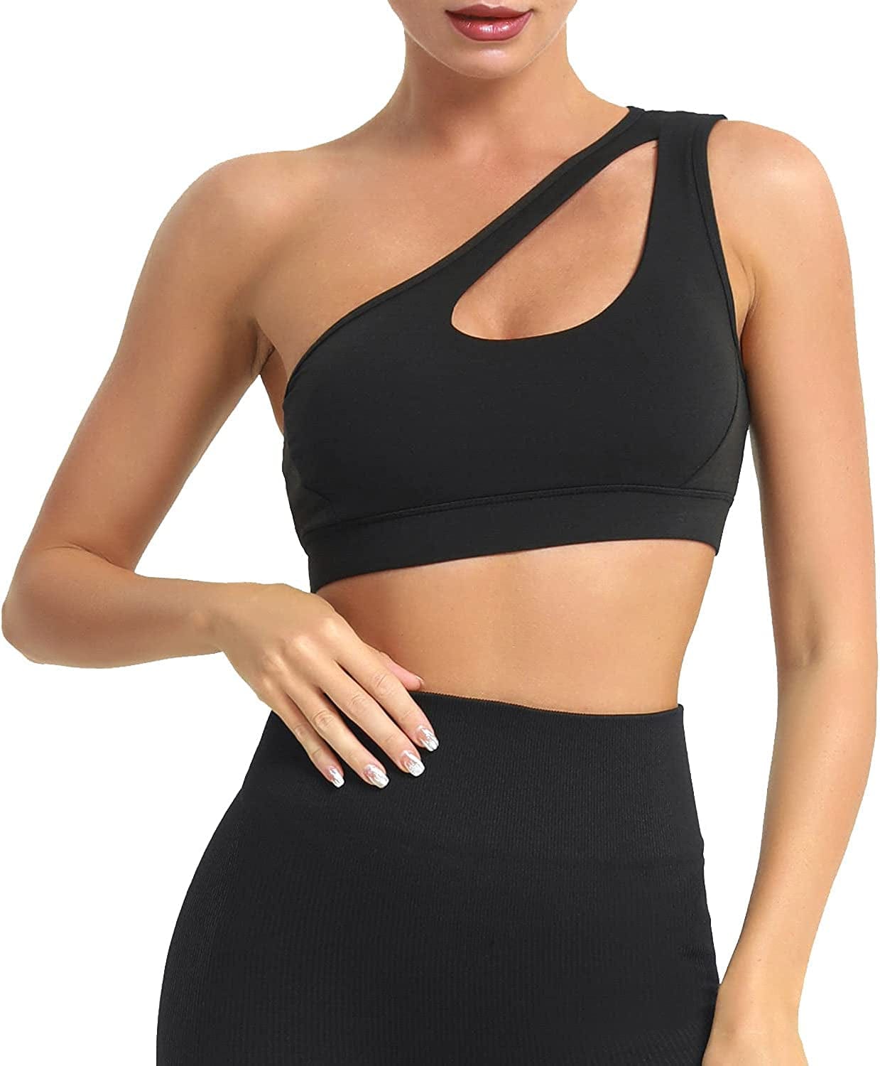 One Shoulder Sports Bra for Women Sexy Cute Workout Yoga Bra Medium Support A-black / Medium