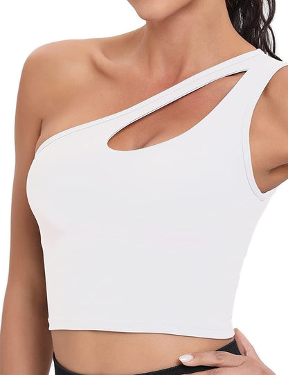 One Shoulder Sports Bra Removable Padded Yoga Top Post-Surgery Wirefree Sexy Cute Medium Support #2 White / Small