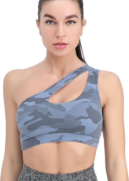 One Shoulder Sports Bra Removable Padded Yoga Top Post-Surgery Wirefree Sexy Cute Medium Support #1 Camo Blue / Small